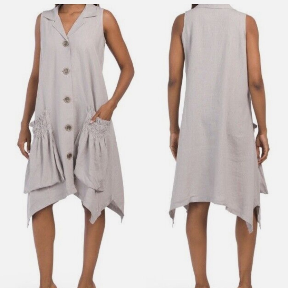 For Cynthia Linen-Blend Shark Bite Hem Shirt Dress w/Ruched Patch Pockets | New!